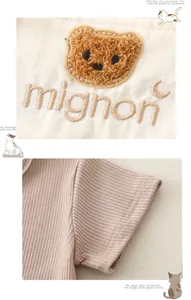 Detail view of cotton baby bodysuit featuring plush bear embroidery and ribbed knit texture
