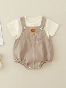 Cotton Baby Bodysuit Set Ribbed Short Sleeve Shirt And Bear Overalls For Newborn Infants Cartoon Summer Clothes Boys Girls