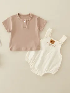 Cute infant summer cotton set with brown ribbed T-shirt and beige bear romper suit