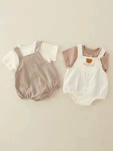 Infant cotton ribbed short sleeve tee and bear embroidery romper two-piece set