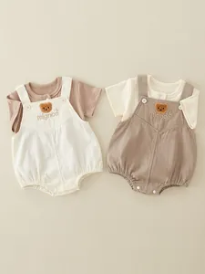 Cute cotton baby bodysuit set with bear embroidery and ribbed t-shirt in earth tones