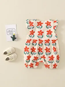 Baby-Mädchen Baumwoll-Einteiler mit Blumenmuster und Flügelärmeln für den Sommer