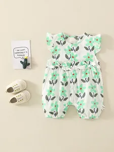 Ärmelloser Baby-Strampler aus Baumwolle mit Blumenmuster und Rüschen-Schultern