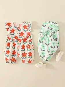 Baby Mädchen Sommer Baumwoll-Einteiler mit Blumenmuster, Rüschenärmeln und Schleifen-Detail