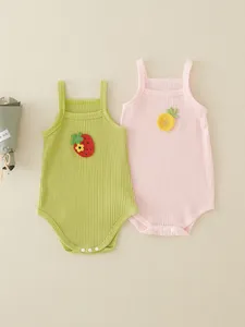 Baby Mädchen Sommer Baumwolle Rippen Strampler Ärmellos Body Mit Süßem Obst Ananas Erdbeere Stickerei Aufnäher Säugling Kleidung