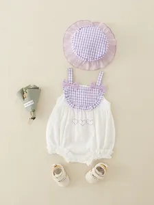 Newborn Baby Girl Summer Cotton Sleeveless Romper And Hat Purple White Plaid Ruffle Bodysuit Bow Heart Embroidery Infant Outfit