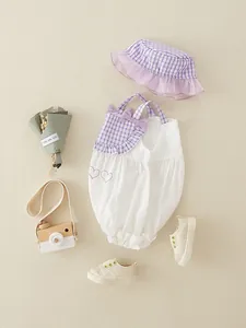 Baby girl summer 3-piece set with purple gingham bodysuit, matching hat and canvas shoes