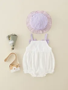 Newborn girl cotton bodysuit and matching sun hat set with purple plaid ruffles