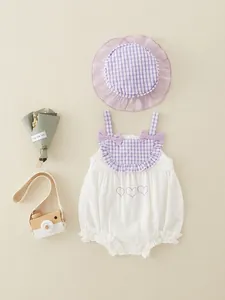 Infant girl cotton purple checkered romper set with matching sun hat and bow details