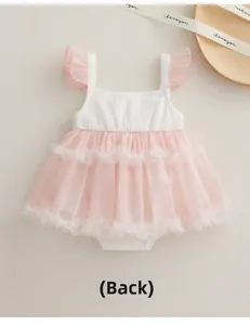 Back view of baby cotton bodysuit dress with pink tulle skirt and ruffled straps