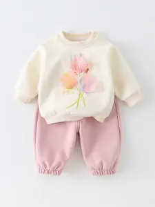 Toddler Baby Cotton Sweatshirt And Pants Set Long Sleeve Cartoon Dog Tulip Pattern Pullover Top And Trousers Outfit For Boys Girls