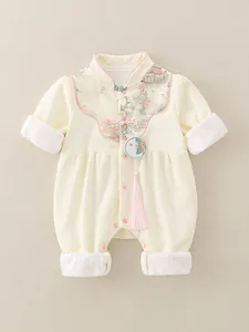 Barboteuse de Style Chinois pour Bébé Fille en Coton à Manches Longues Avec Broderie Gland et Bouton pour Printemps Automne