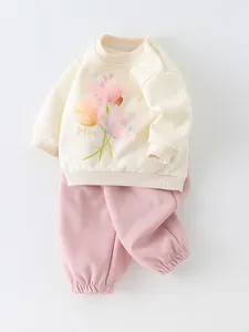 Kids cotton spring set with beige tulip print sweatshirt and pink joggers for toddlers
