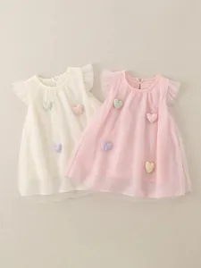 Kleinkind Mädchen Ärmellos Netz Prinzessin Kleid Mit 3D Herz Dekoration Süße Flatterärmel Tüll Kleid Sommerkleidung