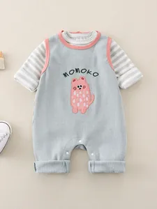 Baby Waffle Knit Long Sleeve Romper Striped Cartoon Bear Bodysuit For Infants Toddlers Spring Autumn Clothes