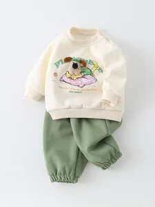 Spring baby cotton tracksuit with long-sleeved cream sweatshirt and 3D puppy patch pants