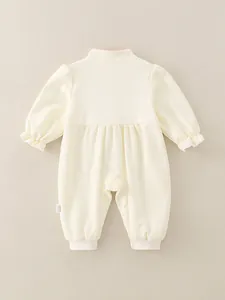 Body bébé à manches longues blanc crème avec liseré rose et poignets côtelés