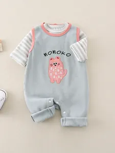 Cute baby long-sleeve waffle romper with striped sleeves and cartoon print
