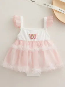 Baby Girls Summer Cotton Romper Dress Pink Tutu Mesh Patchwork Bow Flutter Sleeve Bodysuit Princess Birthday Outfit