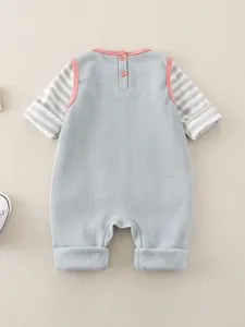 Cute baby long sleeve waffle knit romper with striped sleeves and pink trim detailing