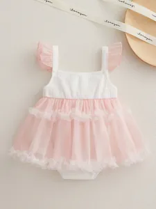 Infant cotton bodysuit dress with white ribbed top and pink layered tulle tutu skirt