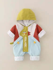 Säugling Baby Kapuzen Strampler Jumpsuit Farbblock Winddicht Polyester Cartoon Dinosaurier Langarm Outfits Für Frühling Herbst