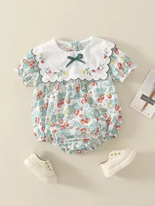 Baby Mädchen Sommer Baumwollbody Kurzarm mit Erdbeermuster und großem Kragen