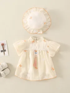 Pagliaccetto a Vestito da Neonata in Stile Cinese Con Ricamo a Farfalla Colletto alla Coreana Vestiti Estivi E Cappello