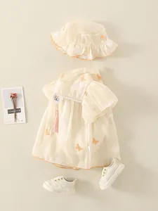 Completo 3 pezzi neonata stile cinese con abito ricamato a farfalla, cappello e scarpine