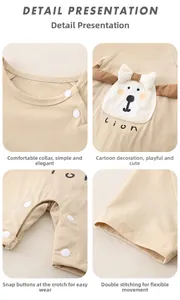 Detail view of cotton baby romper featuring lion embroidery, neck snaps and crotch buttons