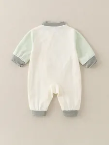 Cotton baby romper with cream body and light green sleeves for spring and autumn seasons