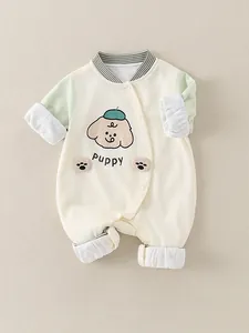 Infant cotton bodysuit with puppy print and green contrast sleeves for spring and autumn