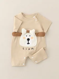 Short sleeve khaki cotton baby romper with a cute 3D lion design and snap closures