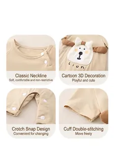 Short sleeve baby cotton romper with cartoon lion detail and snap closure in beige
