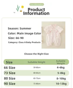 Detailed size chart for pink floral newborn bodysuit in Class A summer cotton fabric