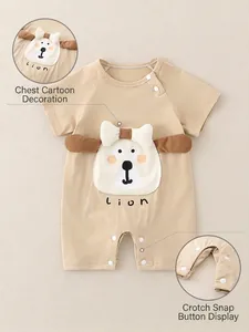 Short-sleeved cotton baby romper in light khaki with cartoon lion and snap buttons
