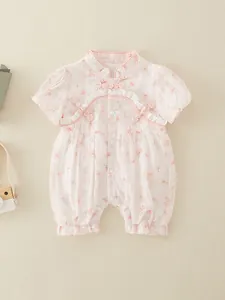 Baby Girl Chinese Style Romper Pink Floral Summer Cheongsam Jumpsuit Short Sleeve Infant Bodysuit A-Class Polyester Clothing