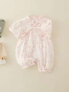 Newborn girls pink floral romper with traditional Chinese knot buttons and lace collar