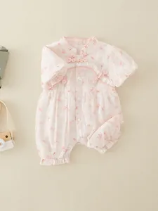 Pink newborn girls rompers with floral embroidery and Chinese vintage style