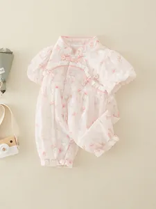 Newborn baby girl pink floral romper with vintage Chinese style collar and lace trim