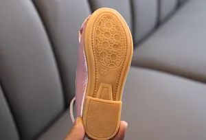 Macro detail of anti-slip honeycomb rubber sole for girls pink sequin princess shoes