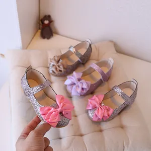 Sparkly glitter Mary Jane flats for girls with satin bow in silver and pink
