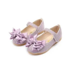 Sparkly purple Mary Jane shoes for girls with satin bow and glitter finish