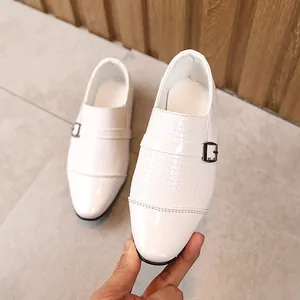 White formal boys leather monk strap shoes with textured upper for wedding or performance