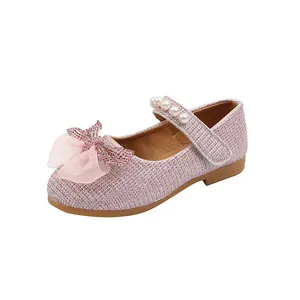 Chaussures princesse Mary Jane roses à paillettes avec nœud et perles pour filles