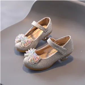 Scarpe da principessa Mary Jane in paillettes argento con fiocco di strass per bambina