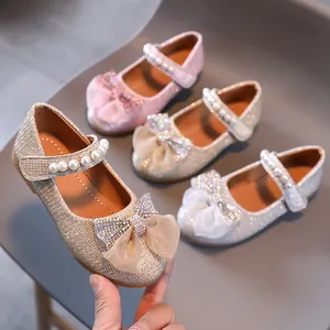 Chaussures Mary Jane de Princesse pour Filles Paillettes Strass Nœud Décor Bride en Künstliche Perles Chaussures Plates de Mariage Fête