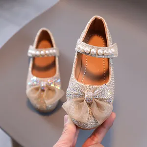 Chaussures de princesse Mary Jane champagne doré avec nœud en tulle et perles