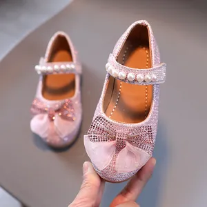 Ballerines pailletées roses pour filles avec nœud et bride en perles élégante