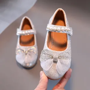 Chaussures Mary Jane argentées pour filles avec grand nœud en tulle et perles